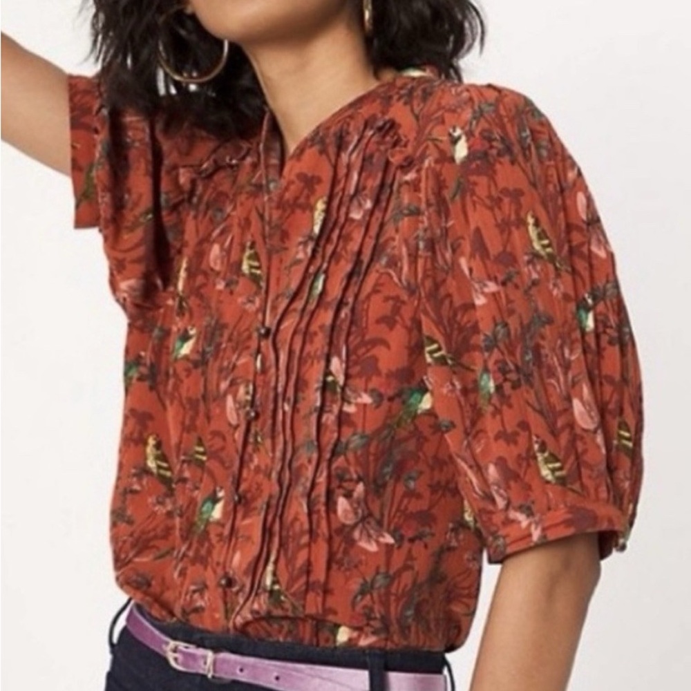 ANTHROPOLOGIE MAEVE Liliana Floral Rust Blouse with Puff Sleeves Size XL